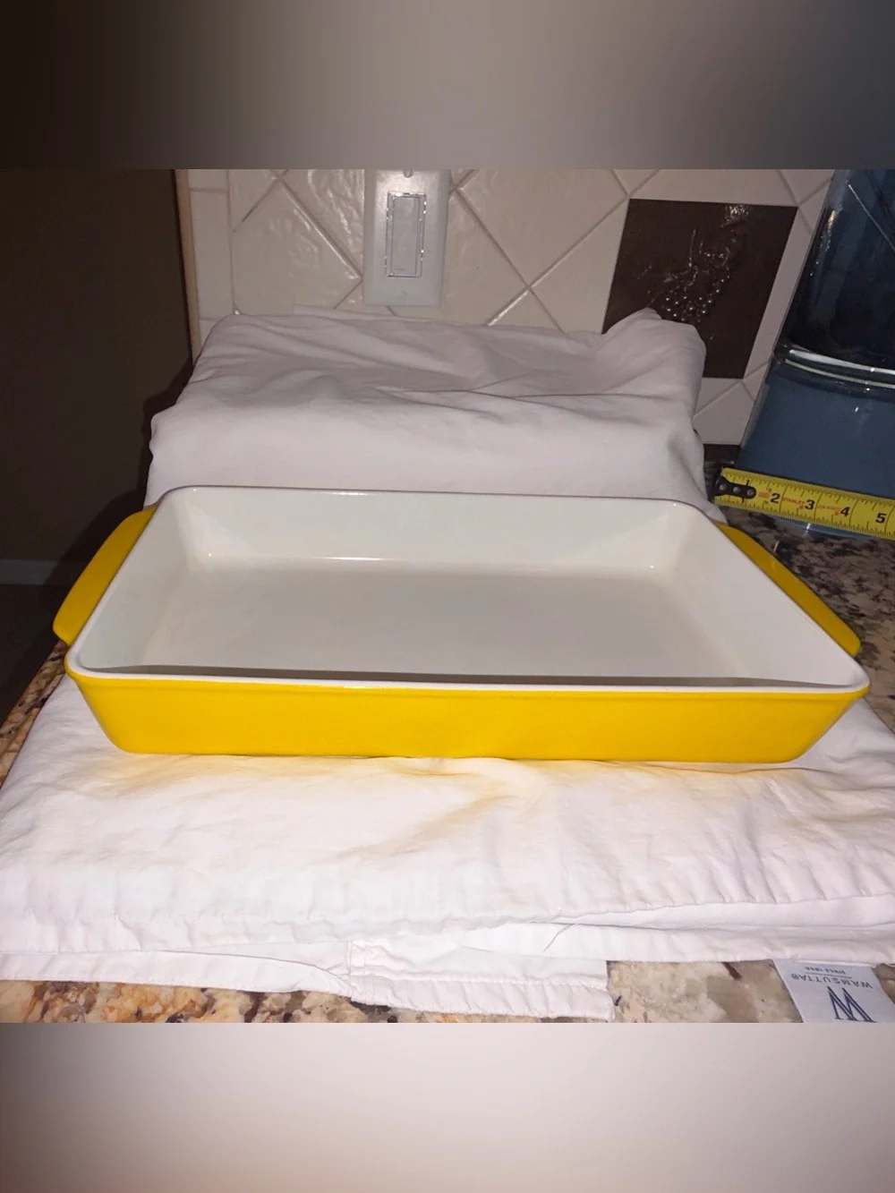 vintage 1970’s Copco Michael Lax, yellow enamel cast iron casserole pan MCM